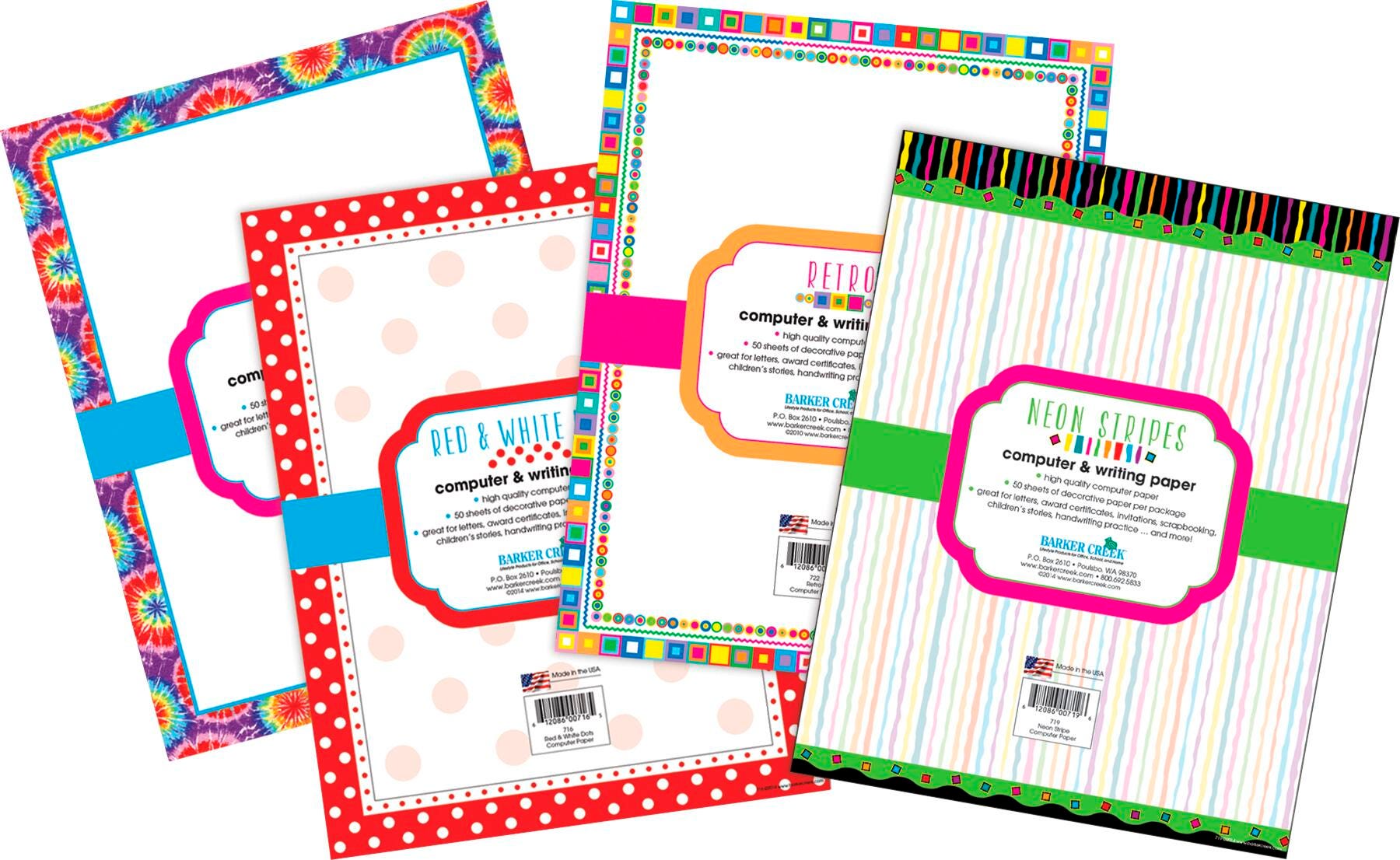 「PAPER IN DESIGN」 Barker Creek Designer Computer Paper Set, In The Groove, 4 Designs